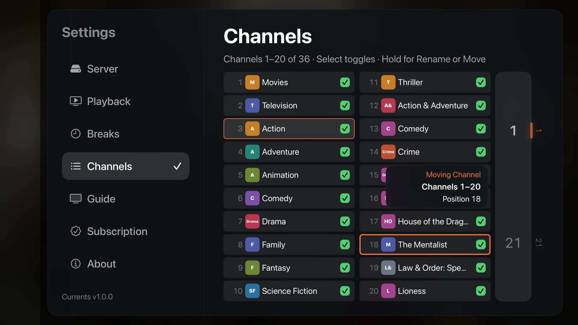 Currents channel-management screen for ordering and enabling channels.