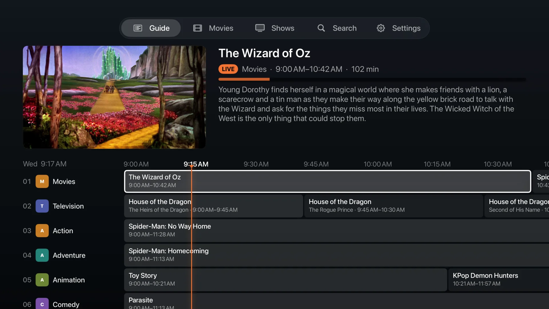 Currents program guide showing live channels and the current schedule on Apple TV.