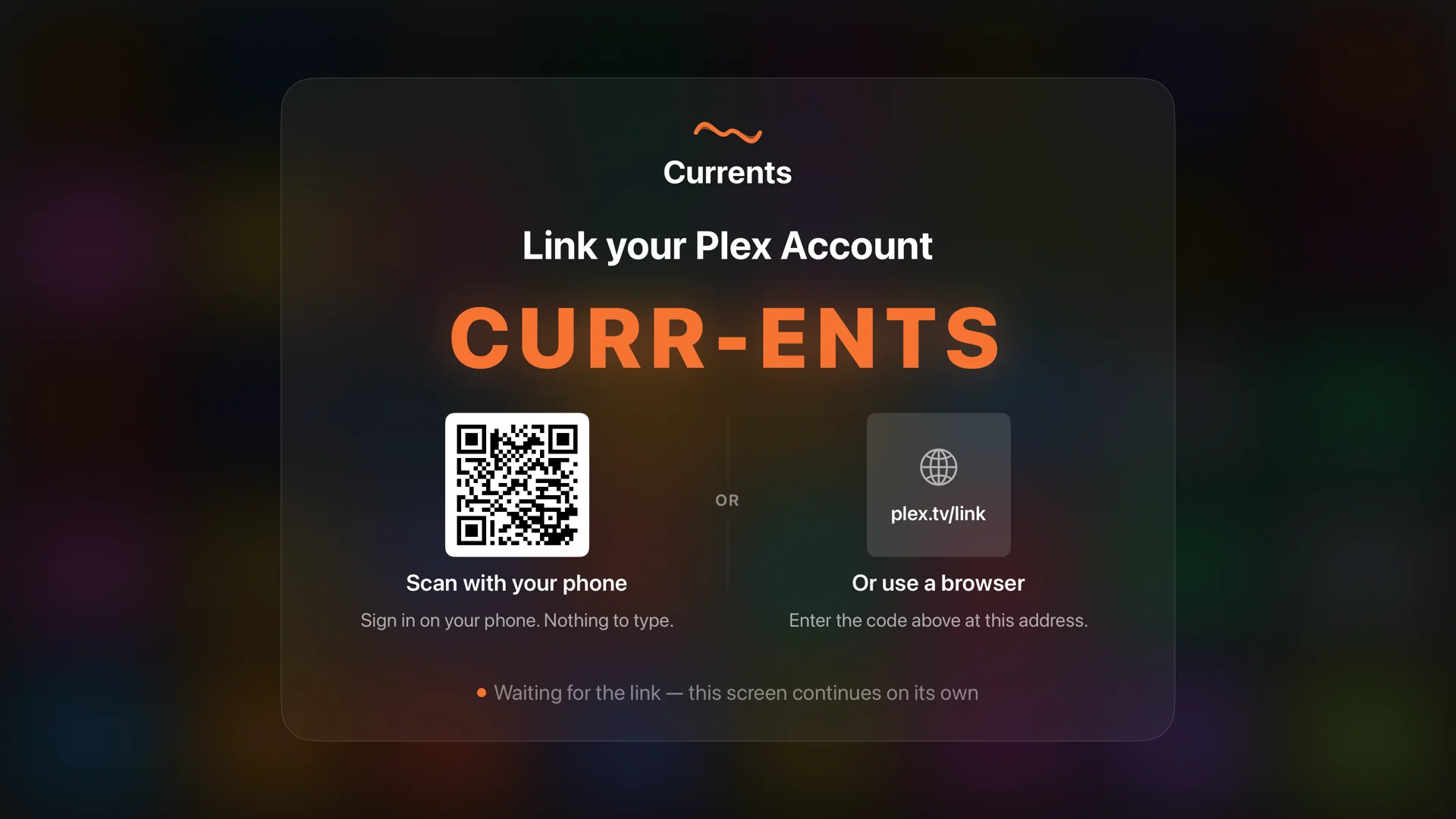 Currents Plex link screen with a code and QR code for connecting a library.