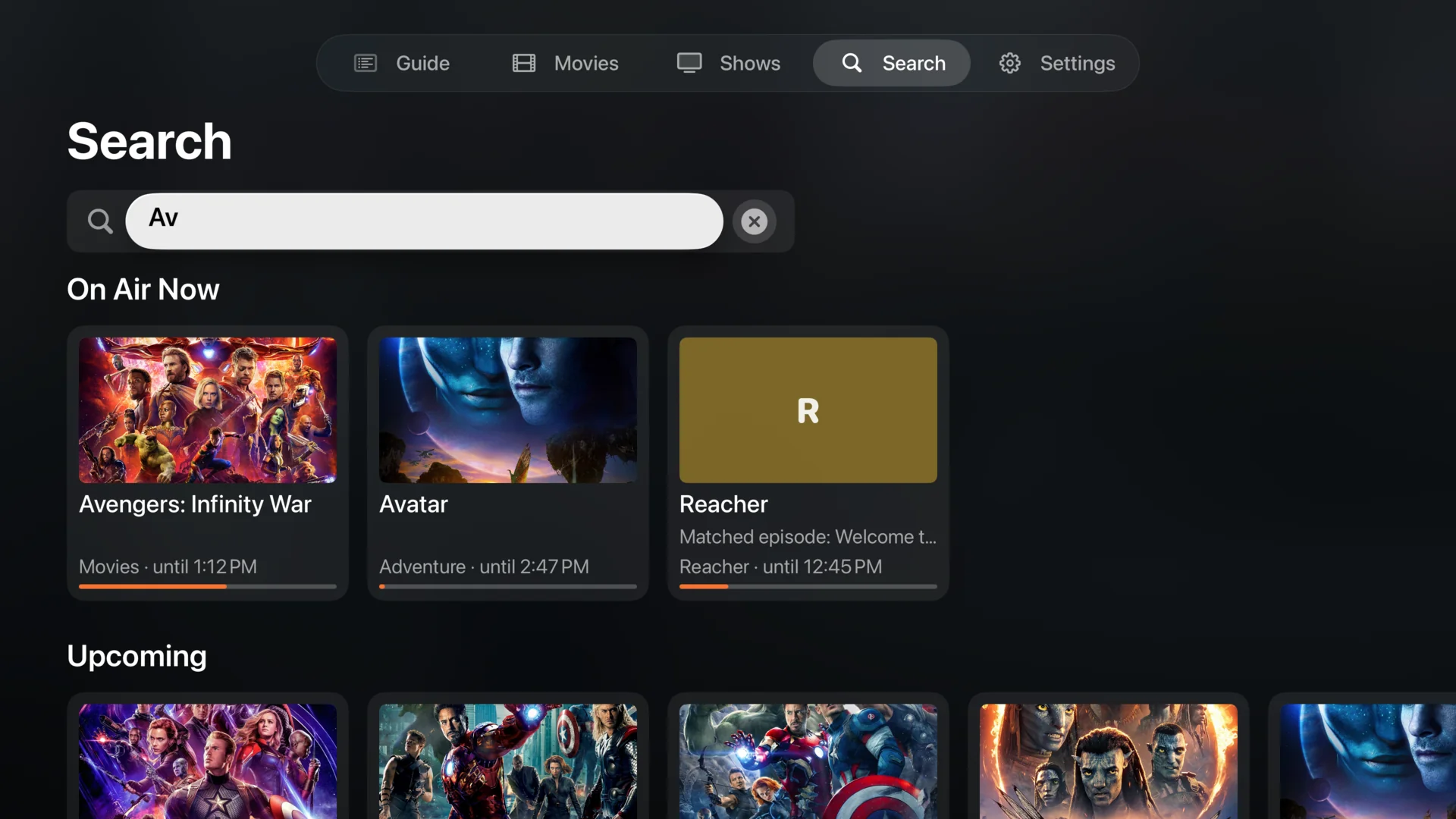 Currents search results for finding channels and programs.